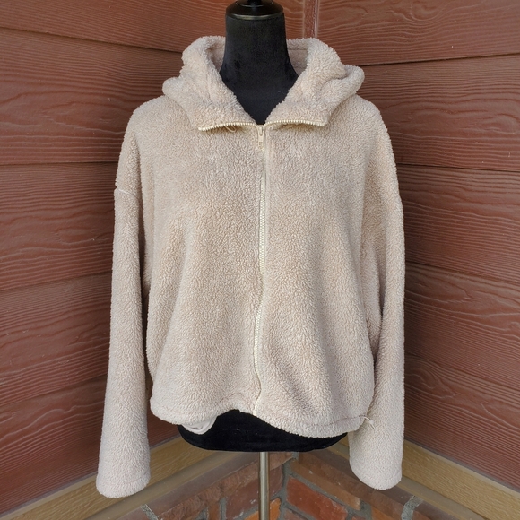 PINK VS Teddy Cropped Zip-Up Hooded Sweater Size Large Cream EUC - Picture 1 of 16